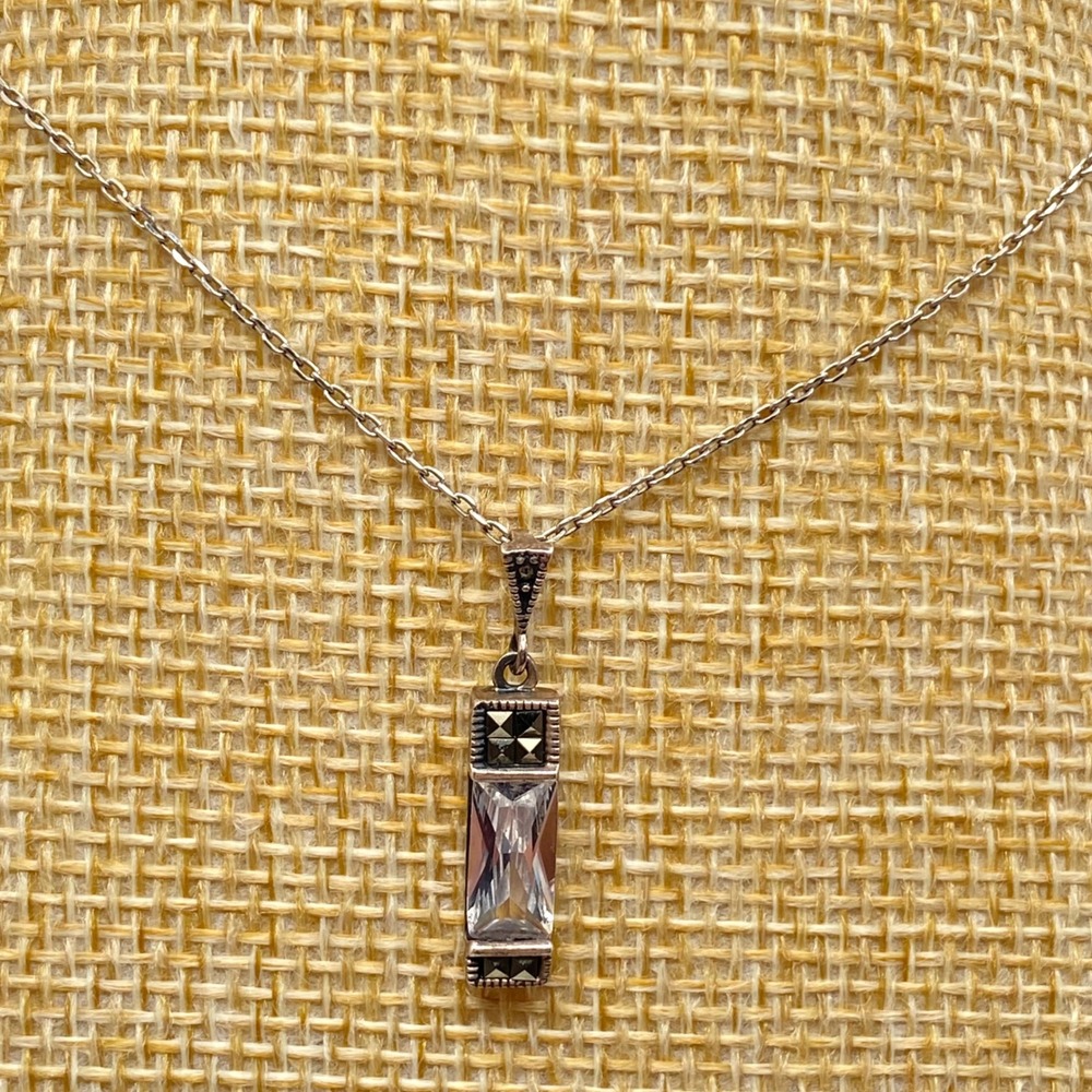 Vintage Pendant Necklace 925 Sterling Silver Art Deco Marcasite CZ Clear 18 Inch
